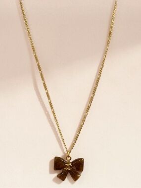 Gold Chain 18 inch Figaro linked BZL Necklace with Brown Bow Logo Pendant